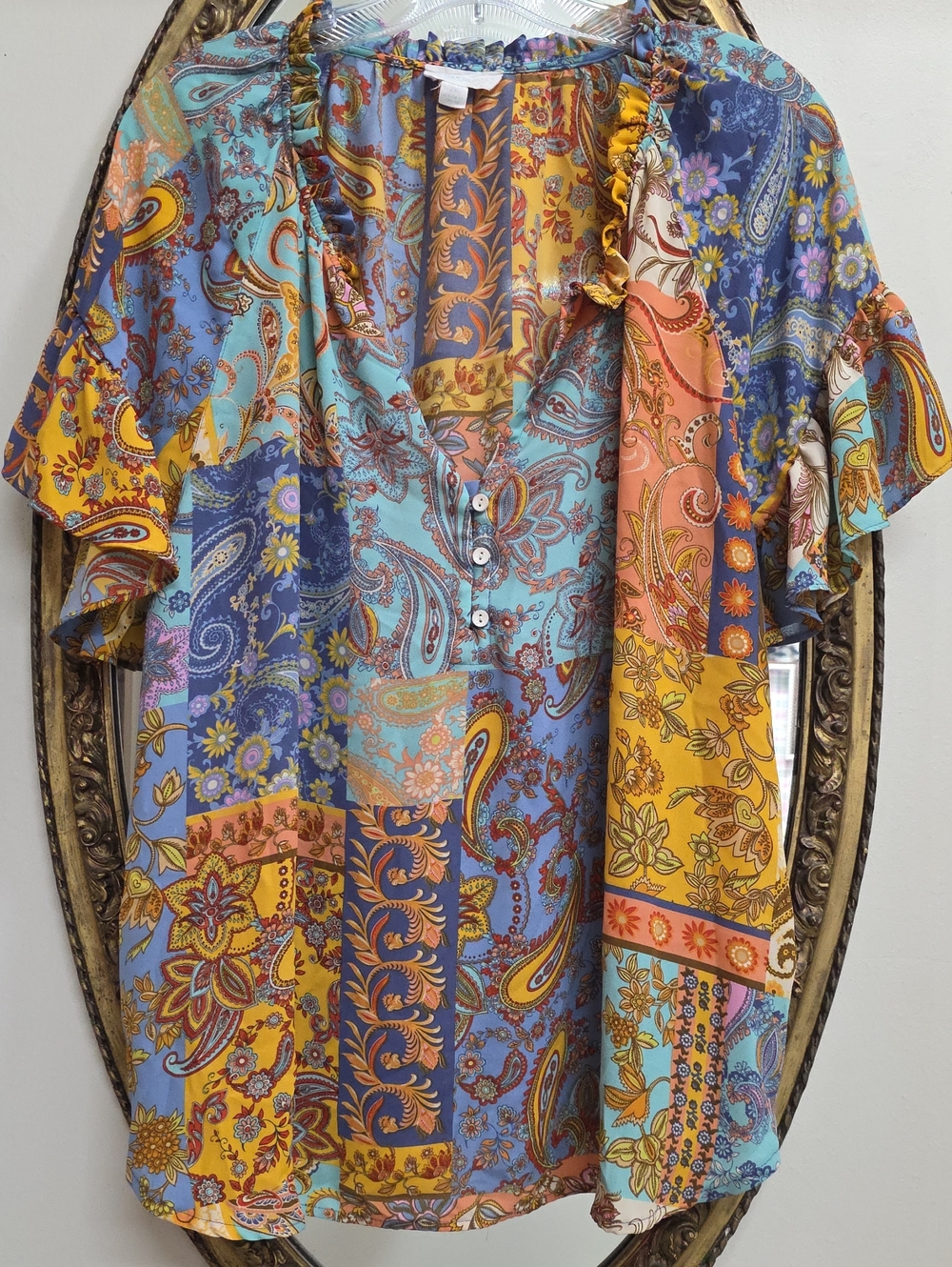 Cynthia Rowley Paisley Patchwork Short Sleeve Shirt Blue Yellow Loose Fit SZ 2X